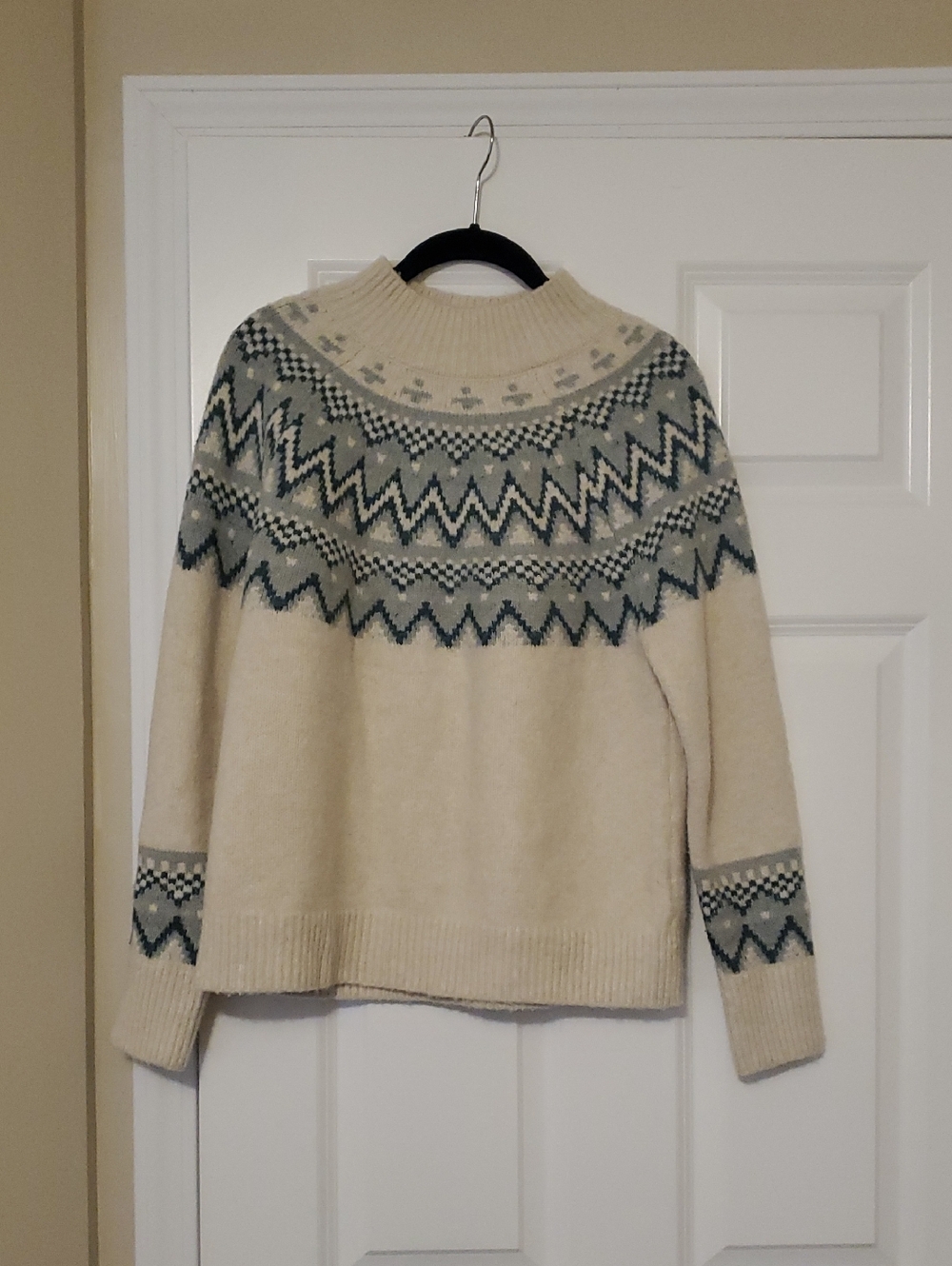 Max Studio Cream Turtleneck Sweater with Sage Fair Isle Yoke